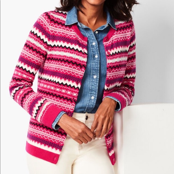 Talbots Fair Isle Cardigan Pink Lambswool Large